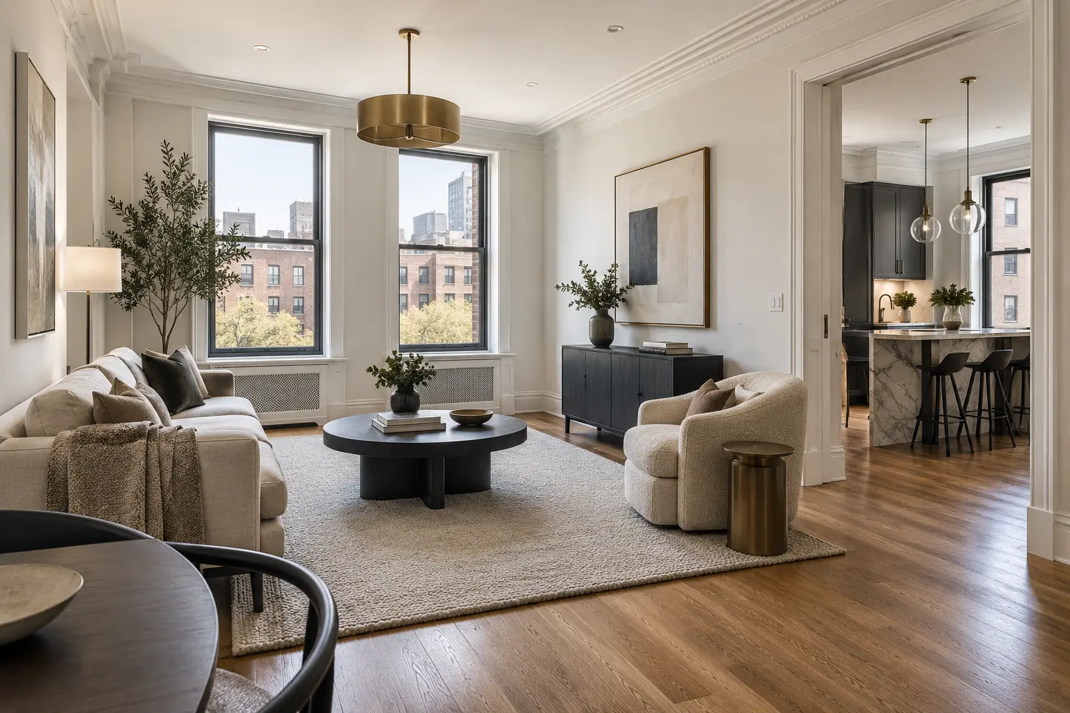 Finished Manhattan apartment interior with detailed trim and wood flooring