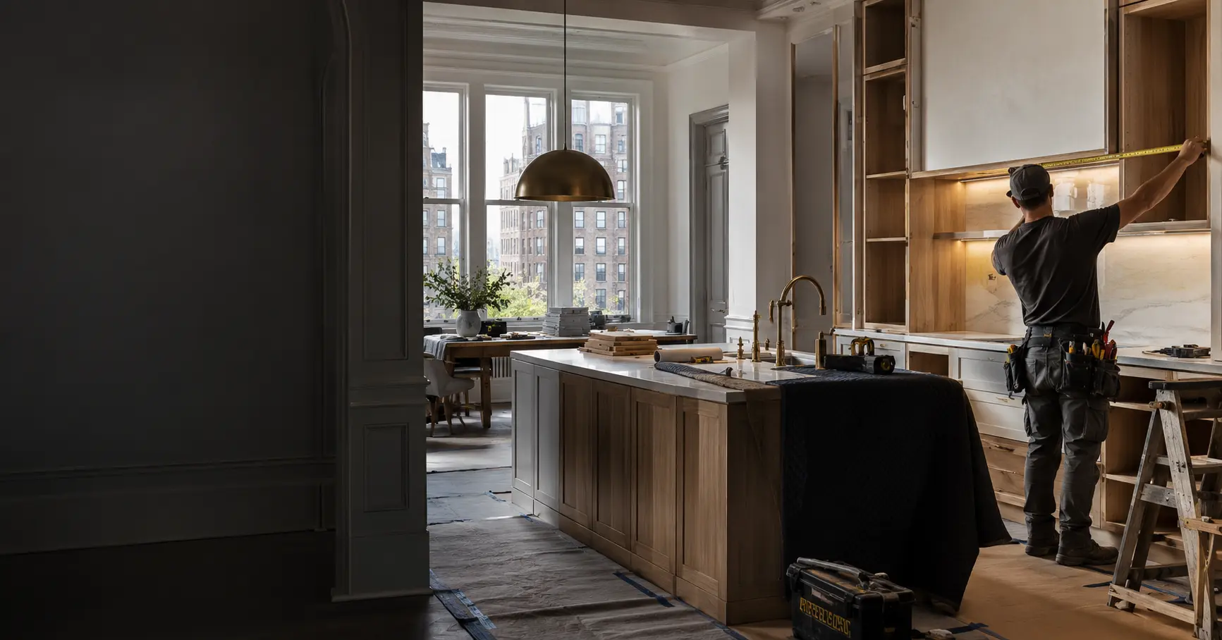 Craftsperson carefully measuring cabinetry during an apartment renovation